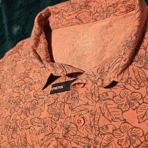 George Men's 2XL Floral Print Stretch Polo Shirt - Salmon Coral‎ Casual Top